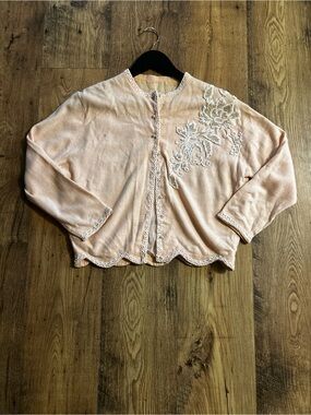 Vintage Lace and Bead Embroidered Peach Lace-Trim Cardigan Blouse Pearl Buttons
